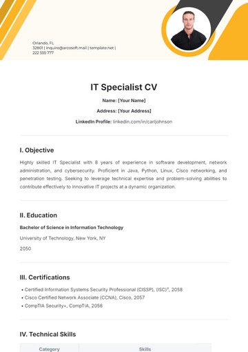 Free IT Specialist CV Template to Edit Online