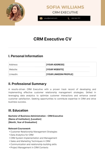 Free CRM Executive CV Template to Edit Online