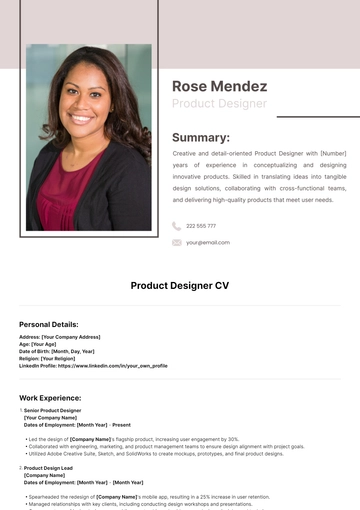 Free Product Designer CV Template to Edit Online