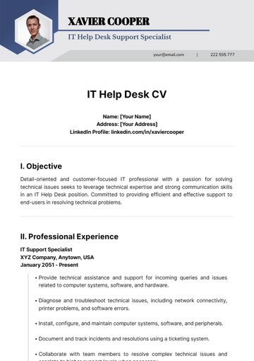 Free IT Help Desk CV Template to Edit Online