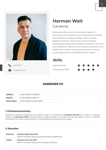 Free Gardener CV Template to Edit Online