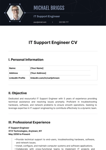 Free IT Support Engineer CV Template to Edit Online