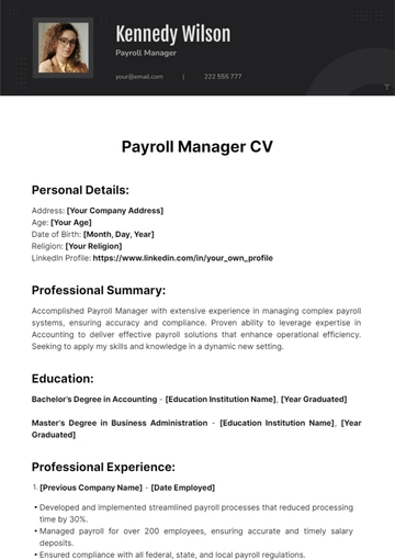 Free Payroll Manager CV Template to Edit Online