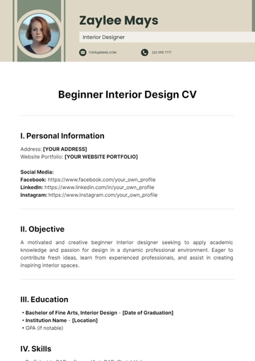Free Beginner Interior Design CV Template to Edit Online