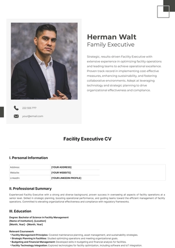 Free Facility Executive CV Template to Edit Online