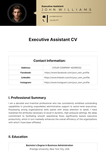 Free Executive Assistant CV Template to Edit Online