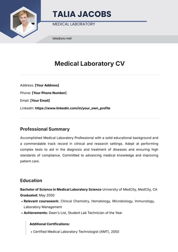 Free Medical Laboratory CV Template to Edit Online