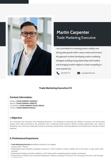 Free Trade Marketing Executive CV Template to Edit Online