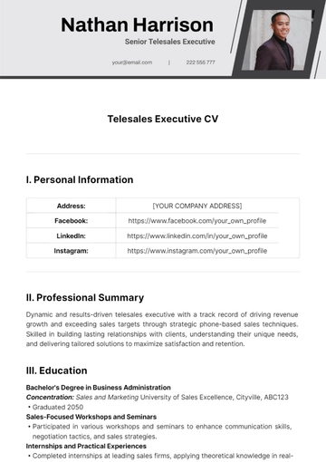 Free Telesales Executive CV Template to Edit Online