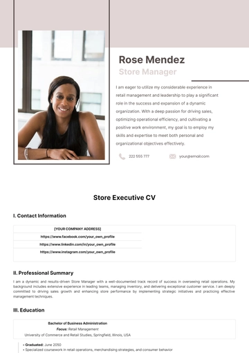 Free Store Executive CV Template to Edit Online