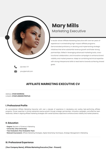 Free Affiliate Marketing Executive CV Template to Edit Online
