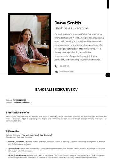 Free Bank Sales Executive CV Template to Edit Online