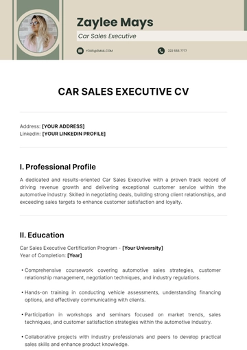Free Car Sales Executive CV Template to Edit Online