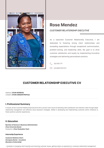 Free Customer Relationship Executive CV Template to Edit Online
