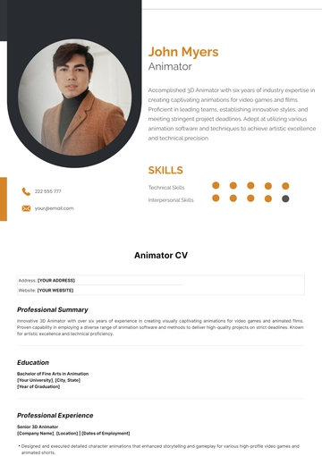 Free Animator CV Template to Edit Online
