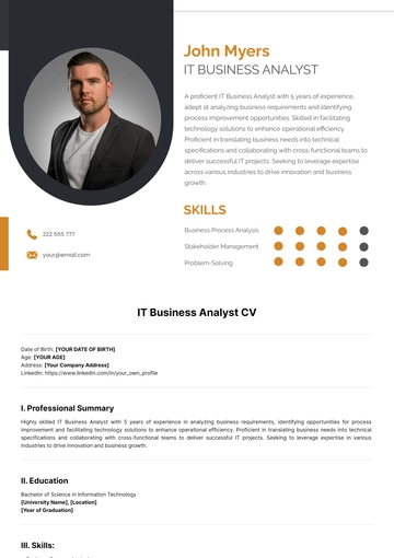 Free IT Business Analyst CV Template to Edit Online