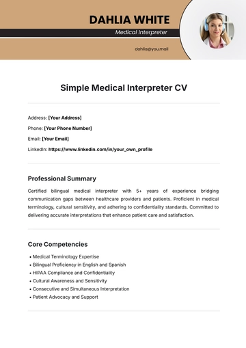 Free Simple Medical Interpreter CV Template to Edit Online