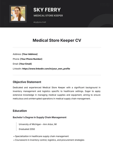 Free Medical Store Keeper CV Template to Edit Online