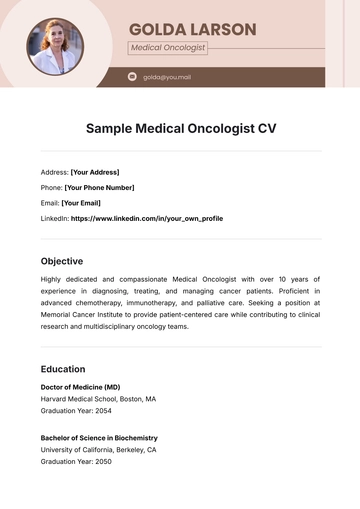 Free Sample Medical Oncologist CV Template to Edit Online