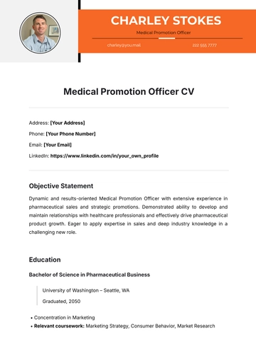 Free Medical Promotion Officer CV Template to Edit Online