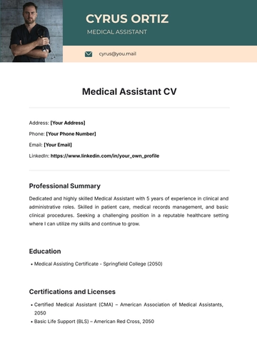 Free Medical Assistant CV Template to Edit Online