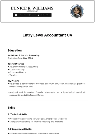 Free Entry Level Accountant CV Template to Edit Online