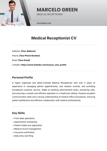 Free Medical Receptionist CV Template to Edit Online