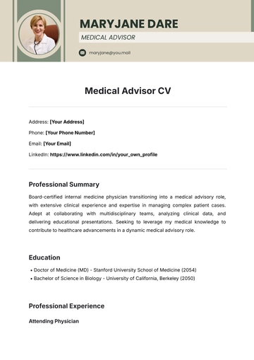 Free Medical Advisor CV Template to Edit Online