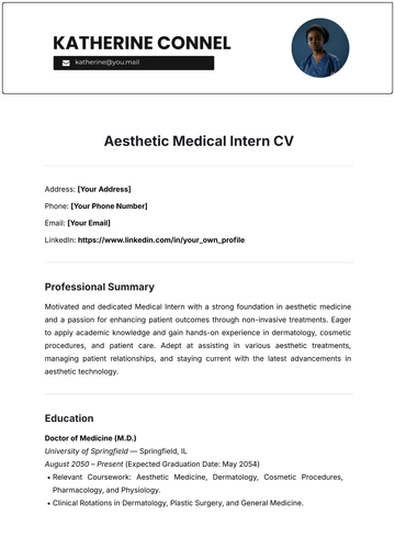 Free Aesthetic Medical Intern CV Template to Edit Online
