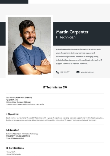 Free IT Technician CV Template to Edit Online