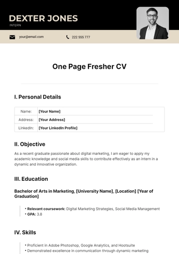 Free One Page Fresher CV Template to Edit Online