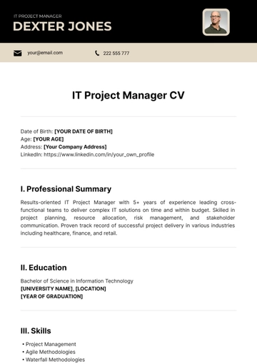 Free IT Project Manager CV Template to Edit Online