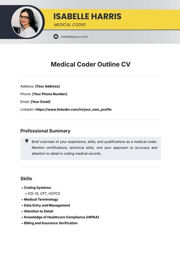 Free Medical Coder Outline CV Template to Edit Online