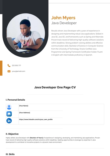 Free Java Developer One Page CV Template to Edit Online