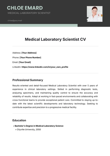 Free Medical Laboratory Scientist CV Template to Edit Online