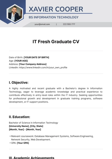 Free IT Fresh Graduate CV Template to Edit Online