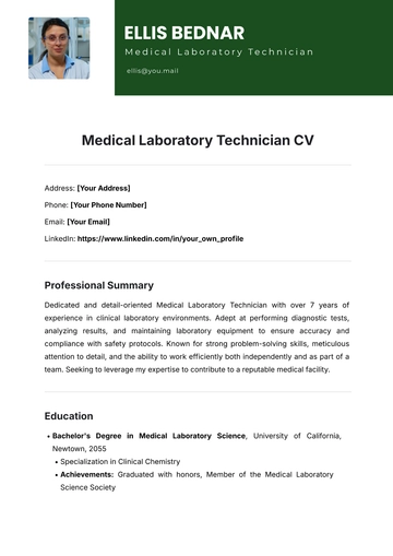 Free Medical Laboratory Technician CV Template to Edit Online