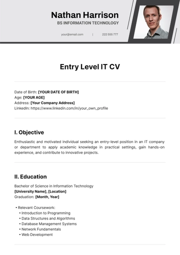 Free Entry Level IT CV Template to Edit Online