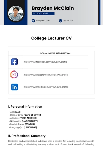 Free College Lecturer CV Template to Edit Online