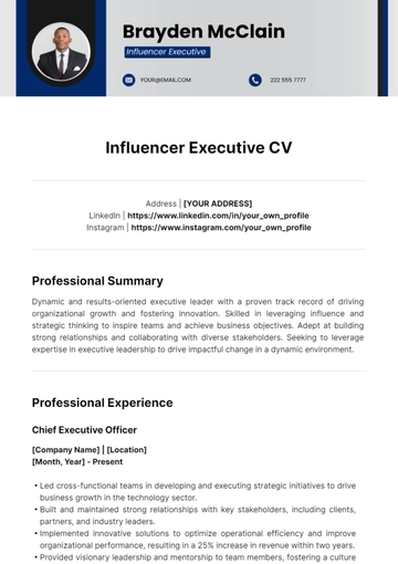 Free Influencer Executive CV Template to Edit Online