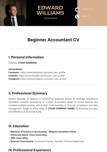 Free Beginner Accountant CV Template to Edit Online