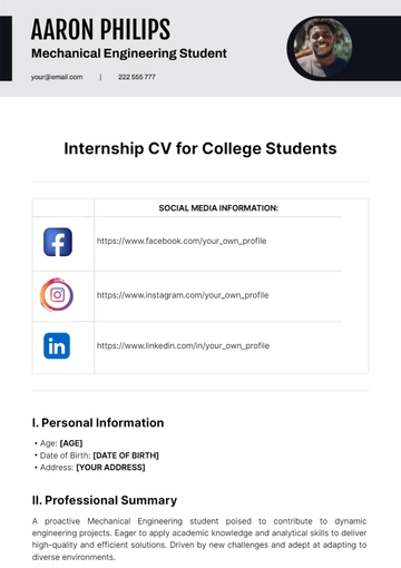 Free Internship CV for College Students Template to Edit Online
