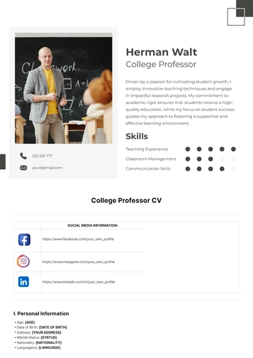 Free College Professor CV Template to Edit Online