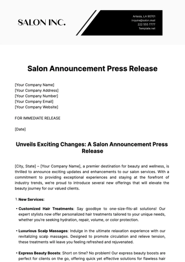 Free Salon Announcement Press Release Template to Edit Online
