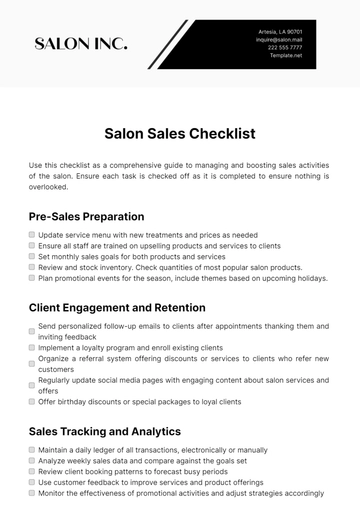 Free Salon Sales Checklist Template to Edit Online