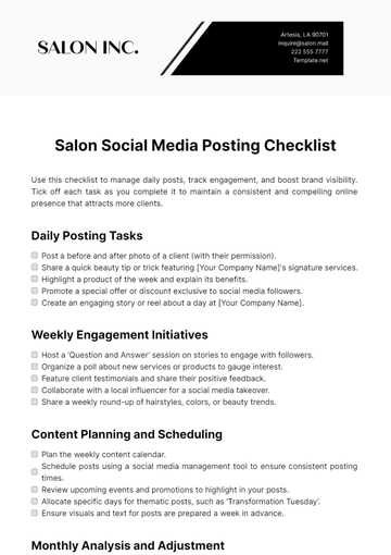 Free Salon Social Media Posting Checklist Template to Edit Online