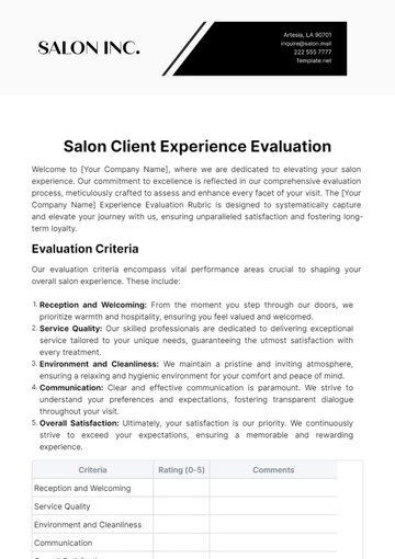 Free Salon Client Experience Evaluation Template to Edit Online
