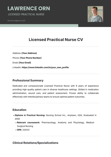 Free Licensed Practical Nurse CV Template to Edit Online