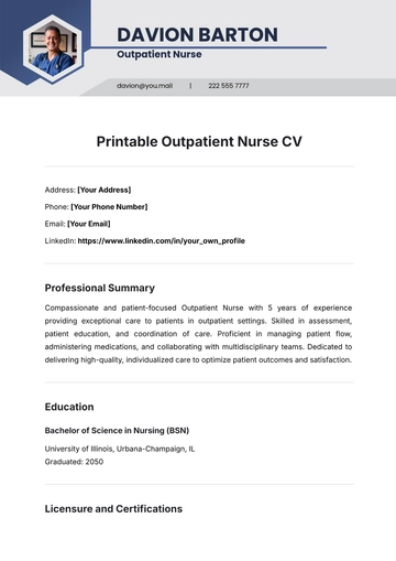 Free Printable Outpatient Nurse CV Template to Edit Online