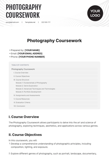 Free Photography Coursework Template to Edit Online